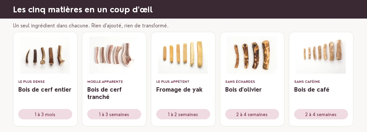 Les cinq matières en un coup d'œil