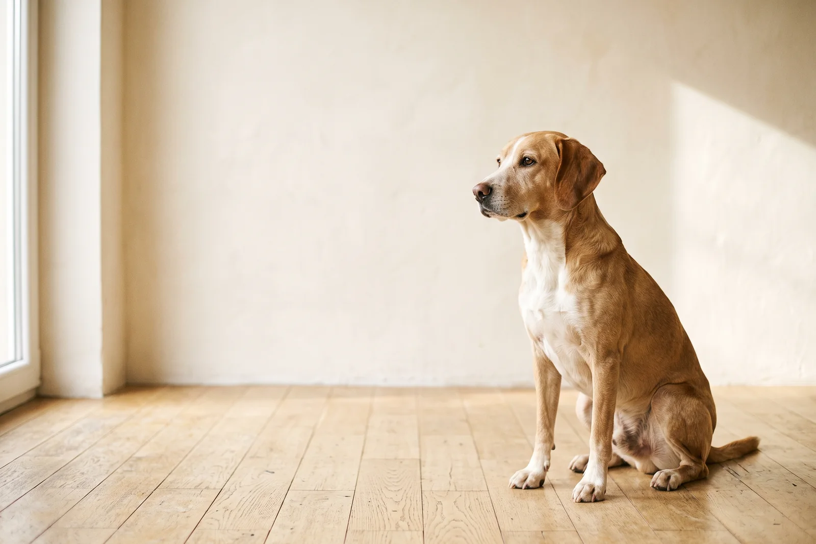 Retrato de un perro sentado con mirada atenta, sobre una pared crema
