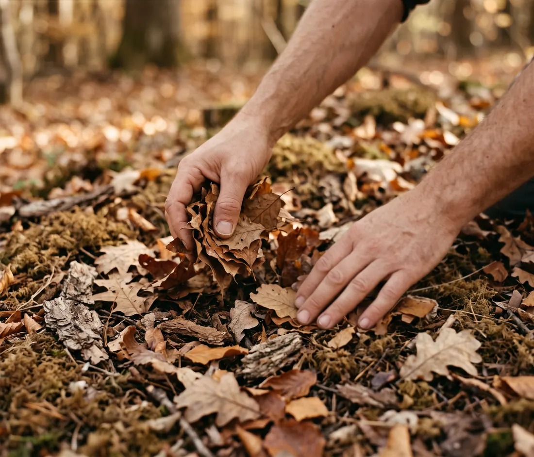 Zwei Hände sammeln Herbstlaub auf dem Waldboden